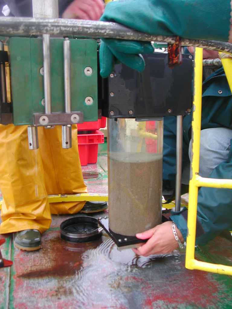 A sediment core being retrieved from the Mediterranean continental shelf with a Mark VI sediment multicorer (L Denis)
